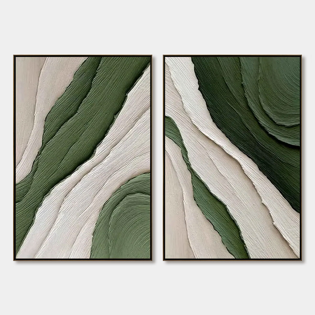 Verdant Flow hand-painted white, sage green and olive green textured coastal abstract painting rolled canvas option