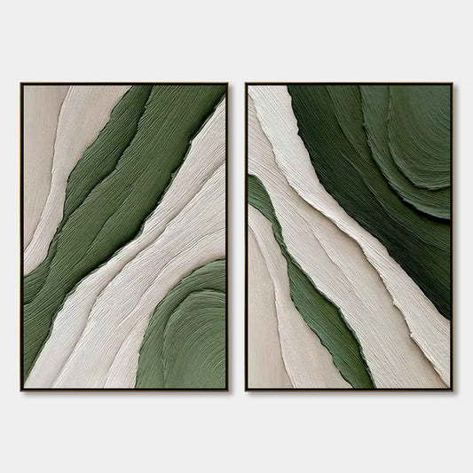 Verdant Flow hand-painted white, sage green and olive green textured coastal abstract painting rolled canvas option
