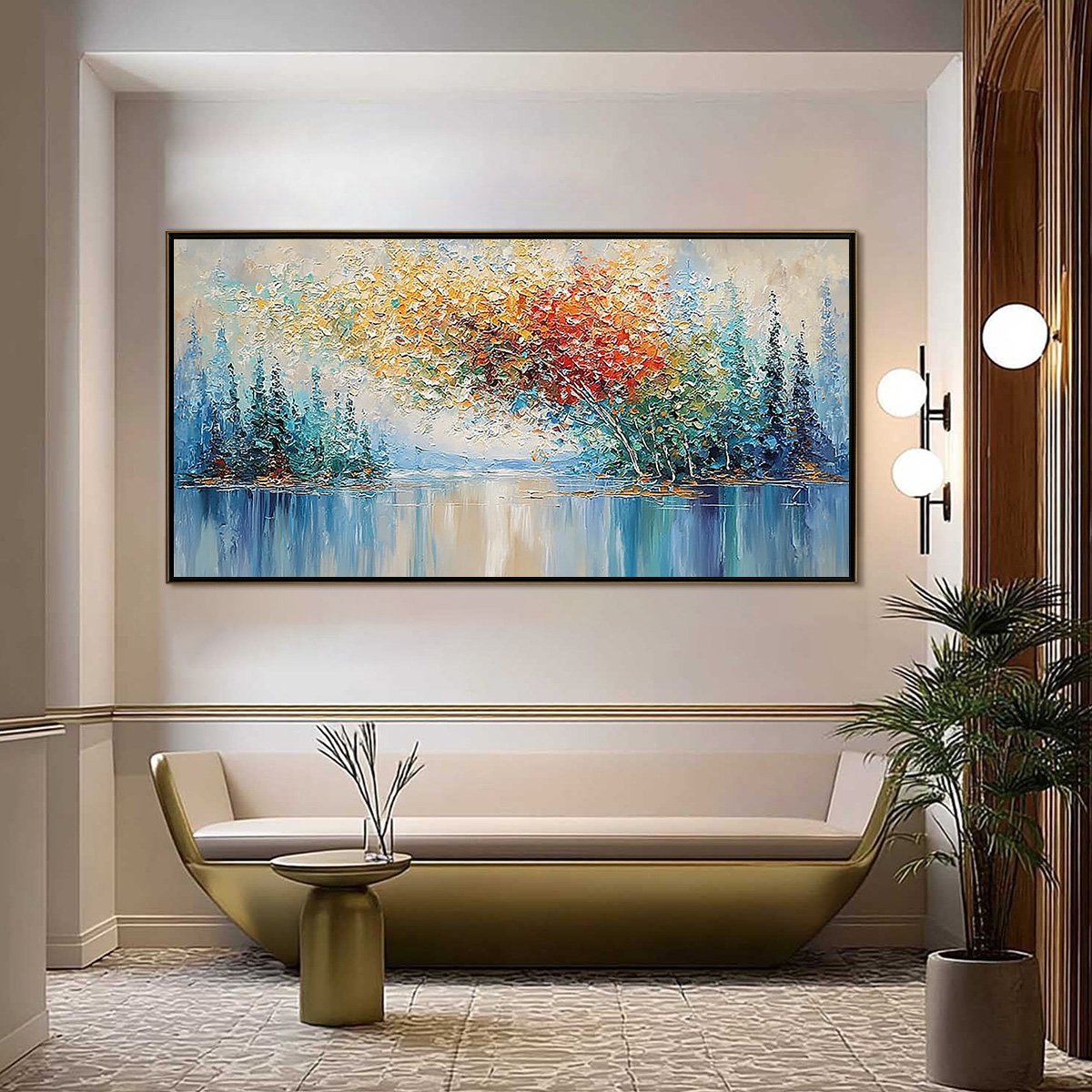 Vibrant Reflections hand-painted crimson, golden yellow, turquoise and violet textured forest landscape painting shown as stretched canvas