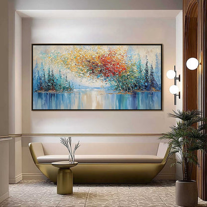 Vibrant Reflections hand-painted crimson, golden yellow, turquoise and violet textured forest landscape painting shown as stretched canvas