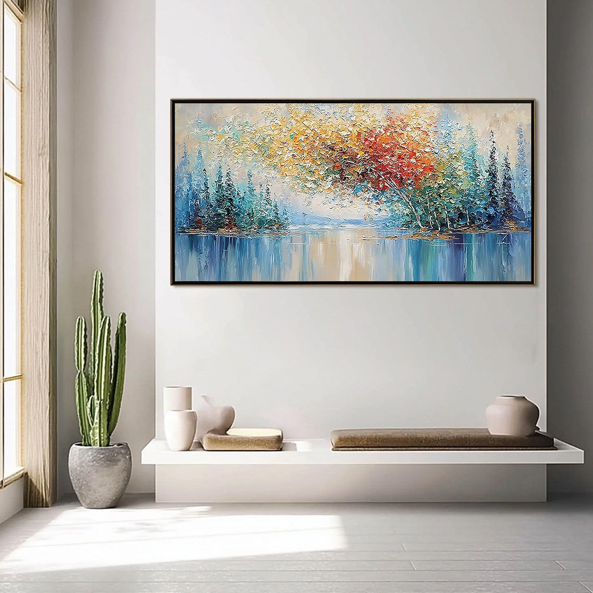 Vibrant Reflections hand-painted crimson, golden yellow, turquoise and violet textured forest landscape painting shown with silver frame