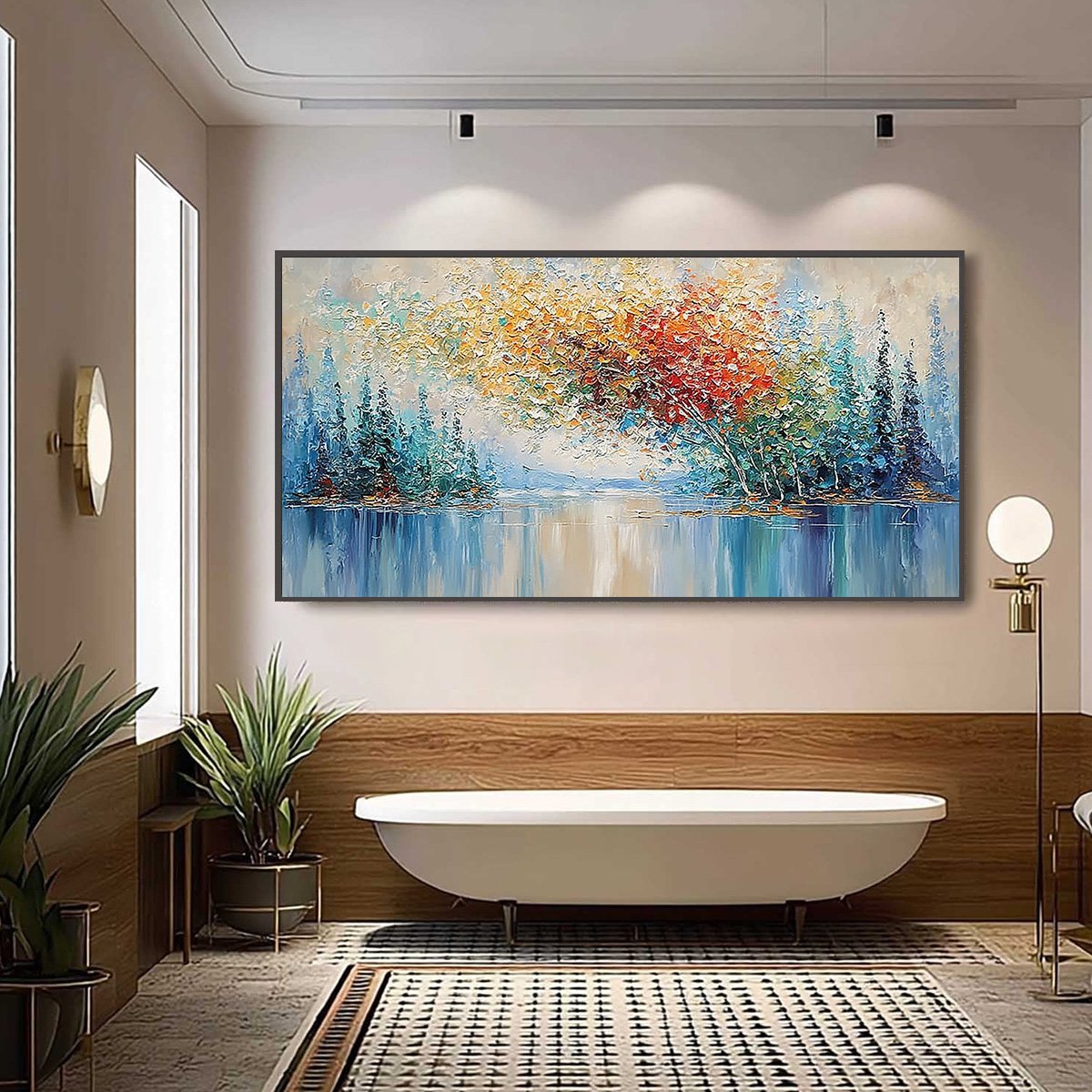 Vibrant Reflections hand-painted crimson, golden yellow, turquoise and violet textured forest landscape painting shown with black frame