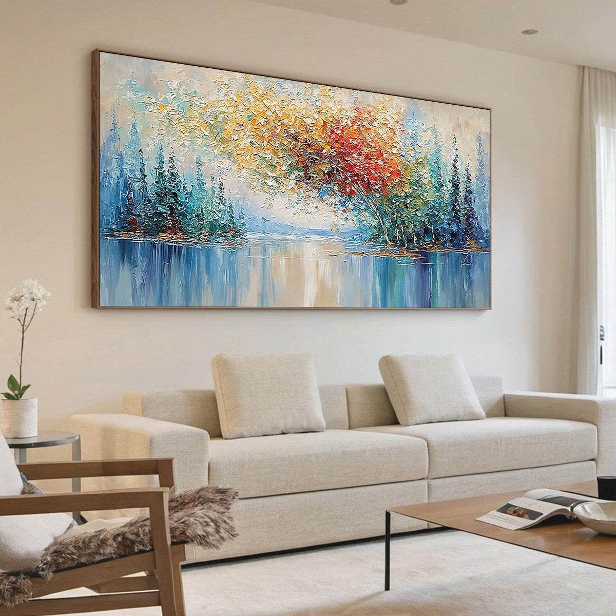 Vibrant Reflections hand-painted crimson, golden yellow, turquoise and violet textured forest landscape painting shown with wood frame