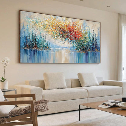 Vibrant Reflections hand-painted crimson, golden yellow, turquoise and violet textured forest landscape painting shown with wood frame