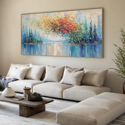 Vibrant Reflections hand-painted crimson, golden yellow, turquoise and violet textured forest landscape painting rolled canvas option