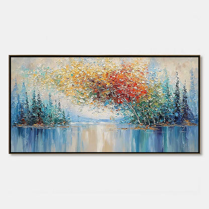 Vibrant Reflections hand-painted crimson, golden yellow, turquoise and violet textured forest landscape painting rolled canvas option