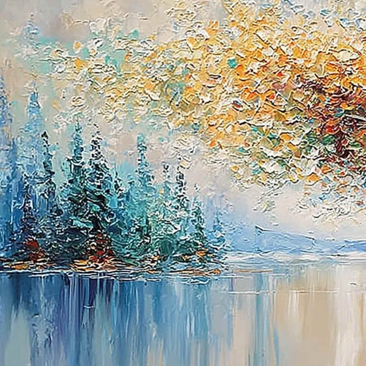 Vibrant Reflections hand-painted crimson, golden yellow, turquoise and violet textured forest landscape painting shown with gold frame