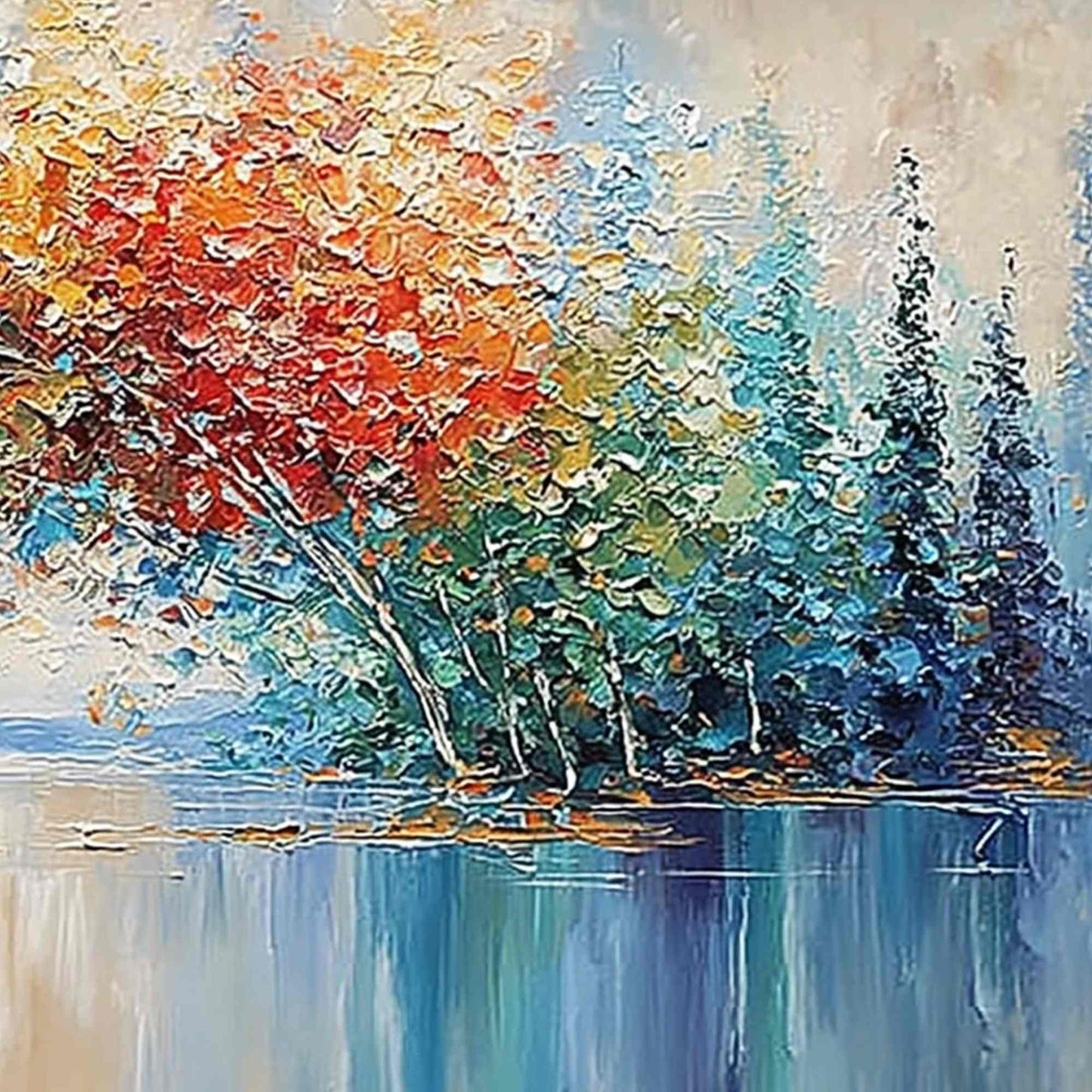 Vibrant Reflections hand-painted crimson, golden yellow, turquoise and violet textured forest landscape painting shown with white frame