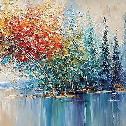 Vibrant Reflections hand-painted crimson, golden yellow, turquoise and violet textured forest landscape painting shown with white frame
