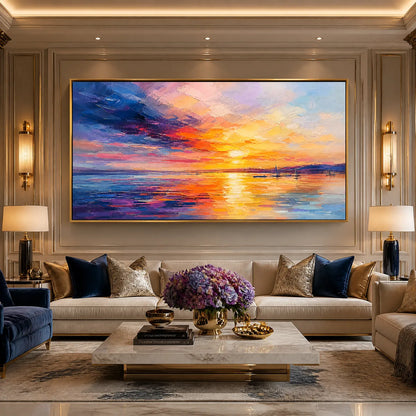 Violet Sunset hand-painted violet and ivory textured sunset seascape painting