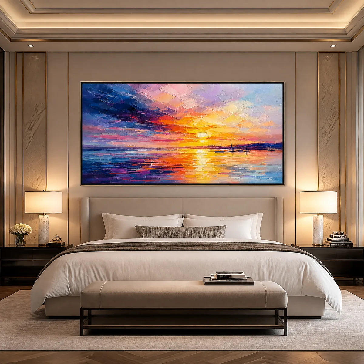 Violet Sunset hand-painted violet and ivory textured sunset seascape painting