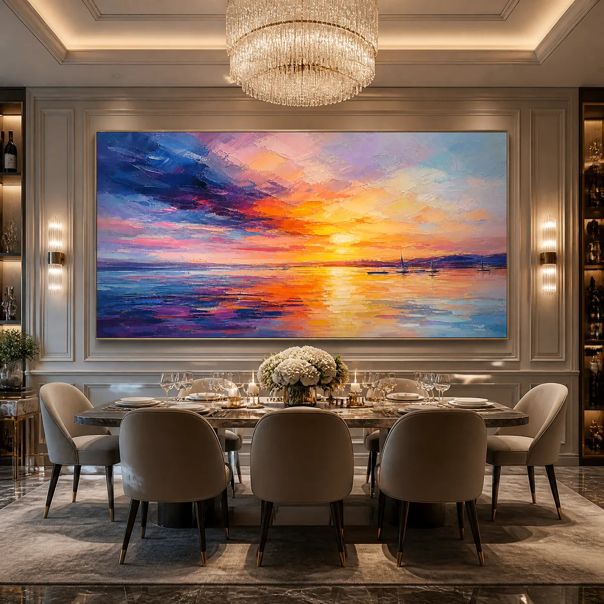 Violet Sunset hand-painted violet and ivory textured sunset seascape painting
