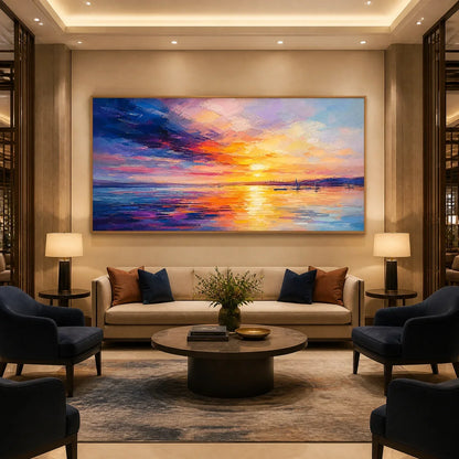 Violet Sunset hand-painted violet and ivory textured sunset seascape painting
