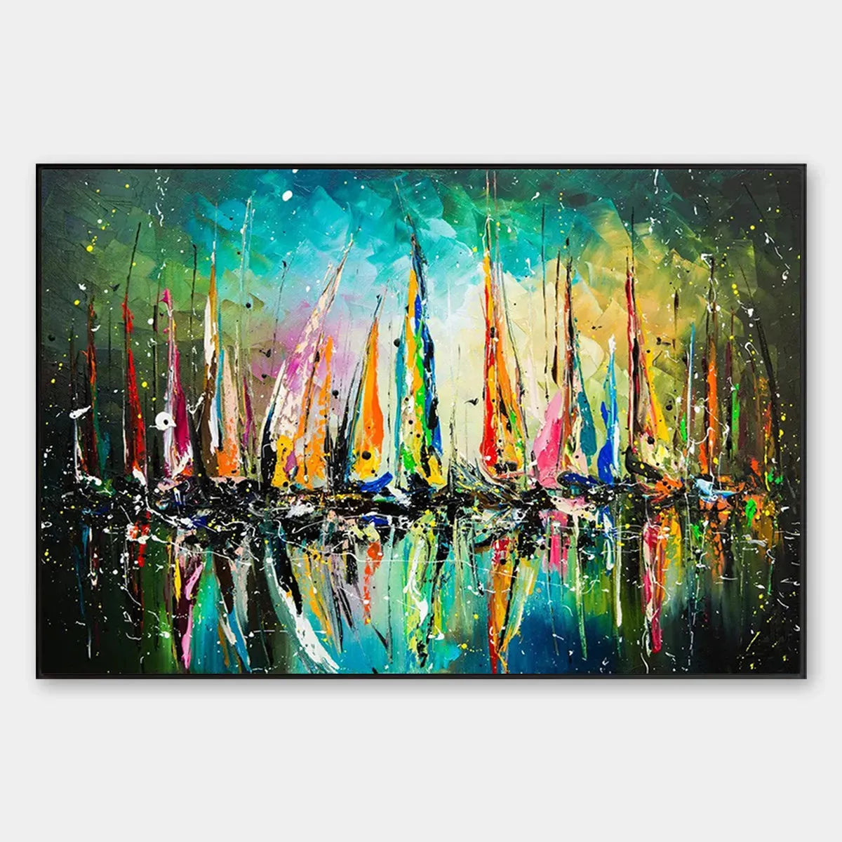 Vivid Regatta hand-painted ocean blue, ivory and soft neutral tones textured sailboat seascape painting rolled canvas option