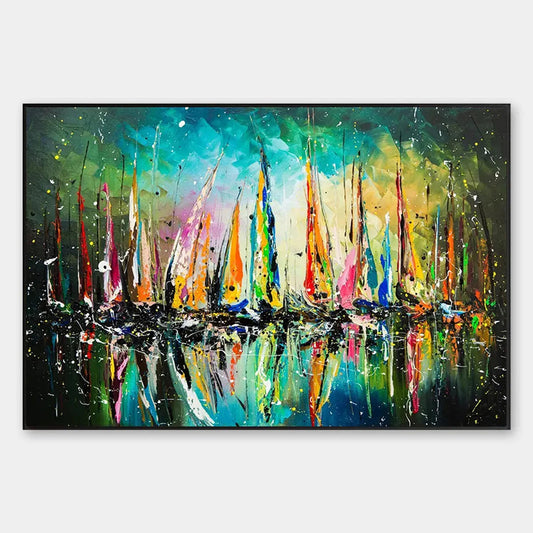 Vivid Regatta hand-painted ocean blue, ivory and soft neutral tones textured sailboat seascape painting rolled canvas option