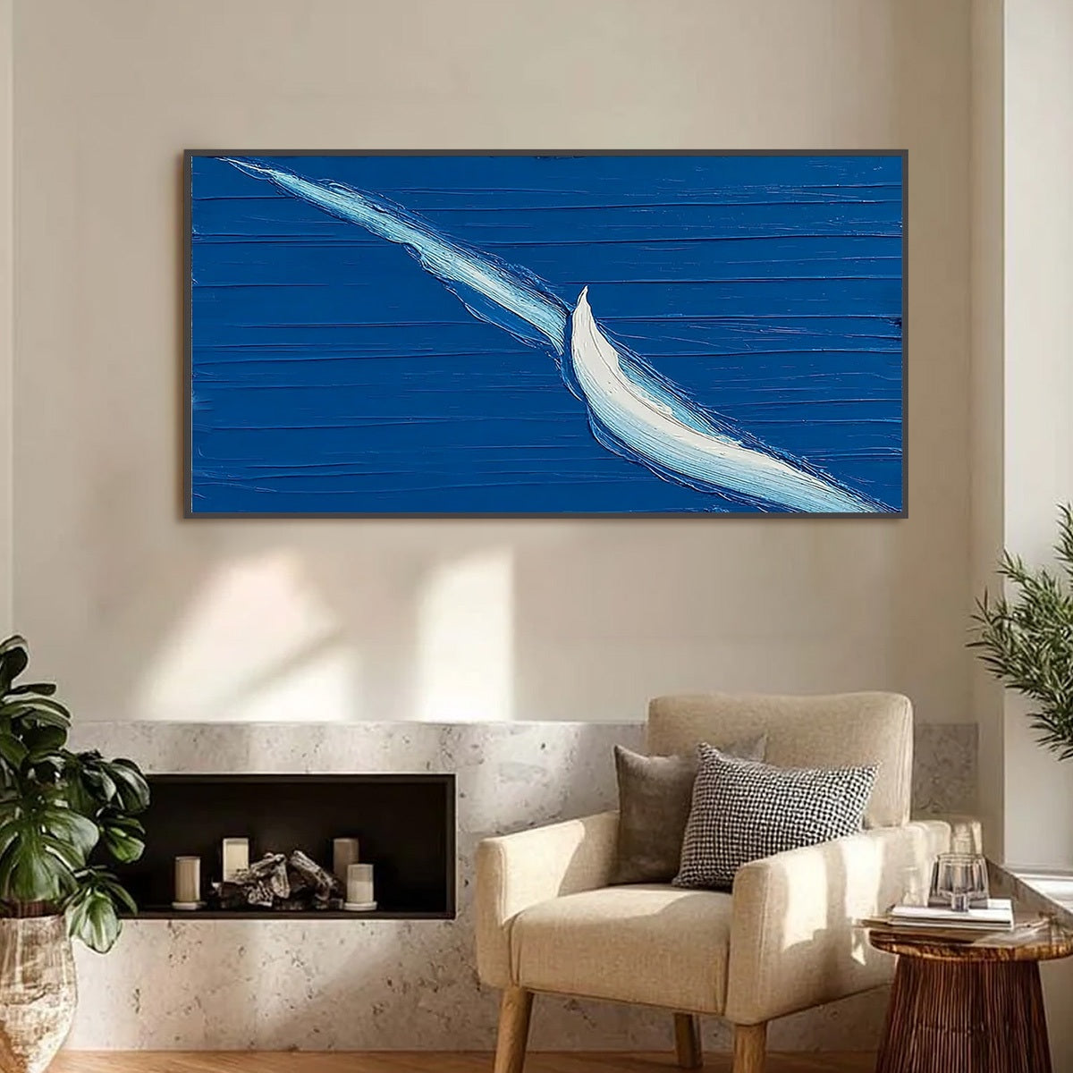 Voyage hand-painted ocean blue and ivory textured sailboat seascape painting shown as stretched canvas