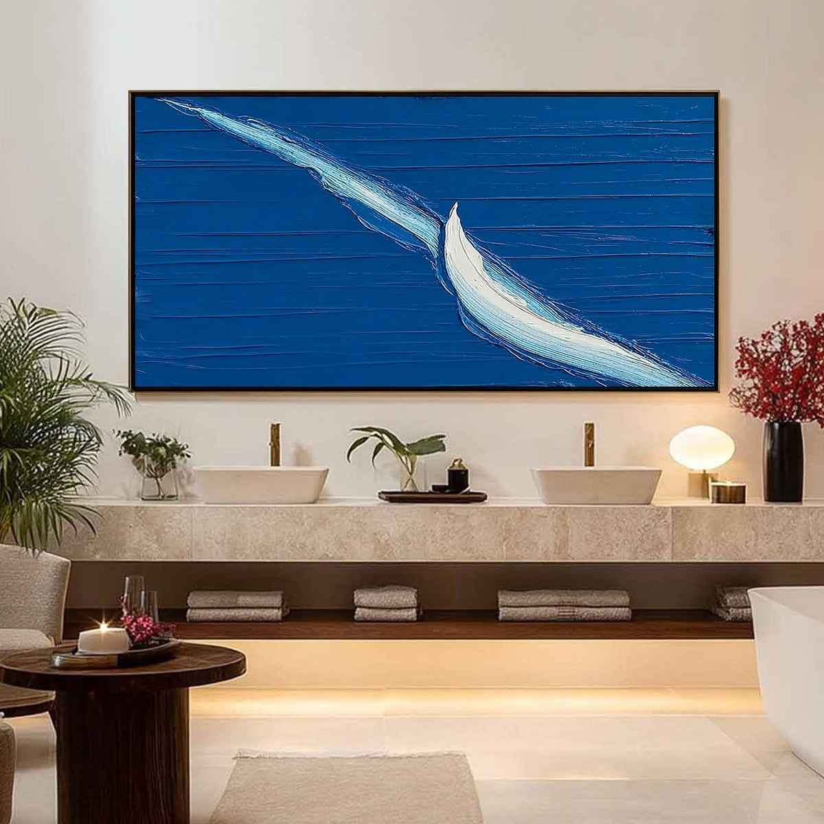 Voyage hand-painted ocean blue and ivory textured sailboat seascape painting shown with silver frame