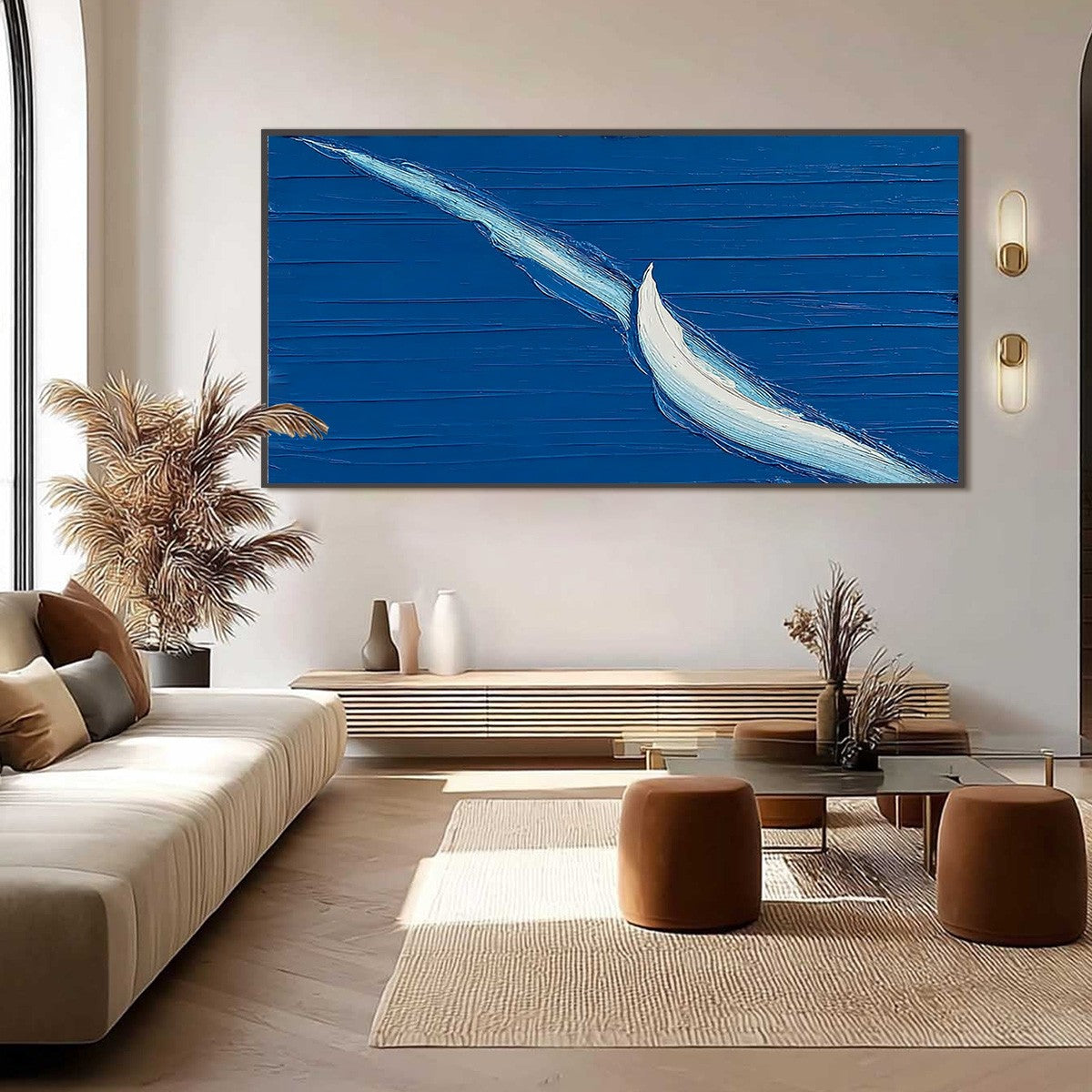 Voyage hand-painted ocean blue and ivory textured sailboat seascape painting shown with black frame