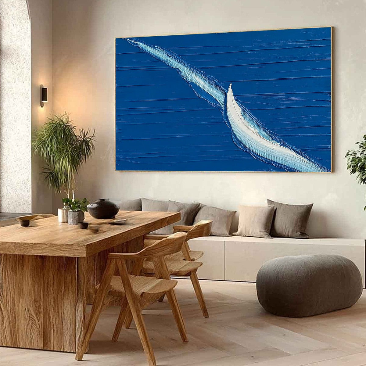 Voyage hand-painted ocean blue and ivory textured sailboat seascape painting shown with wood frame