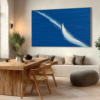 Voyage hand-painted ocean blue and ivory textured sailboat seascape painting shown with wood frame
