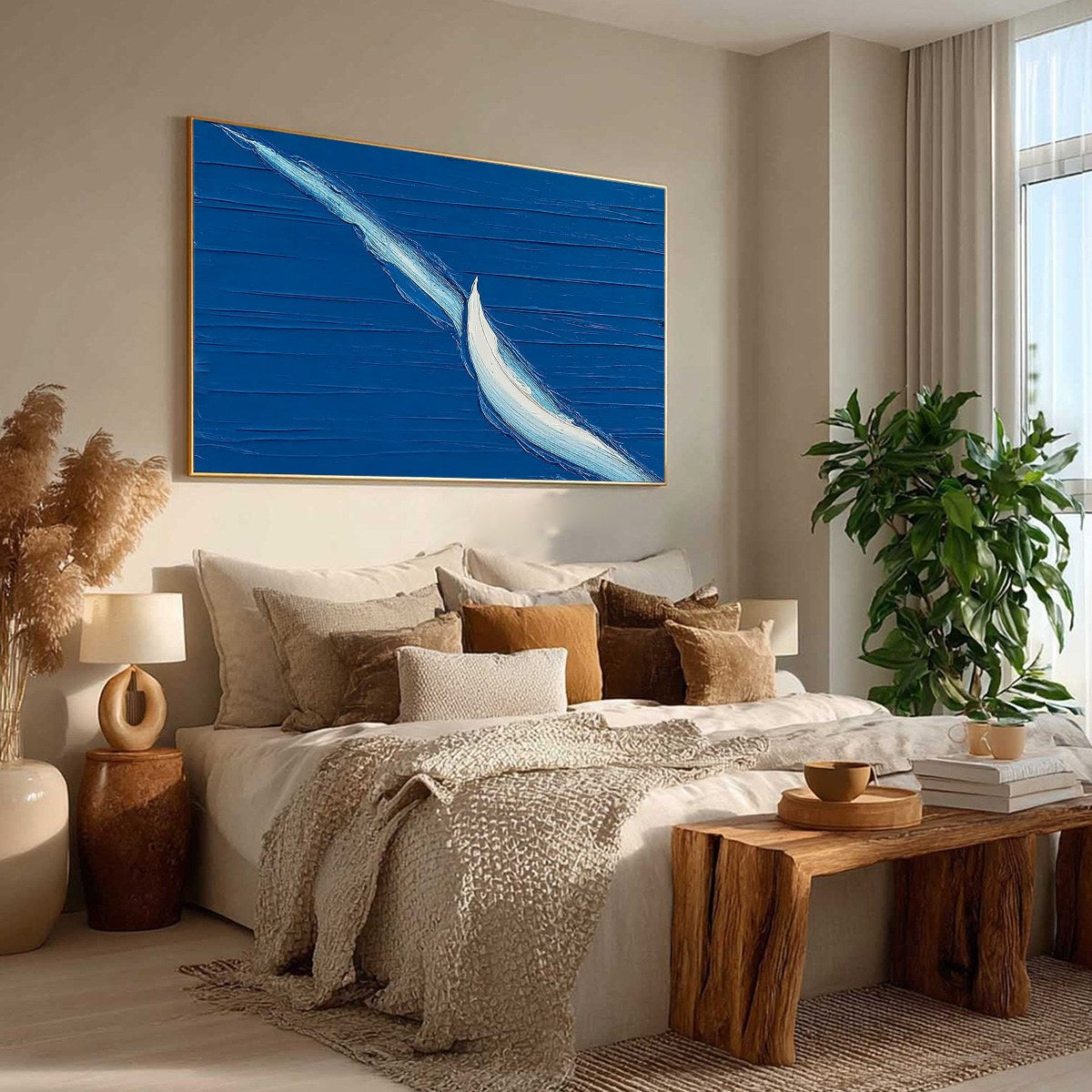 Voyage hand-painted ocean blue and ivory textured sailboat seascape painting rolled canvas option