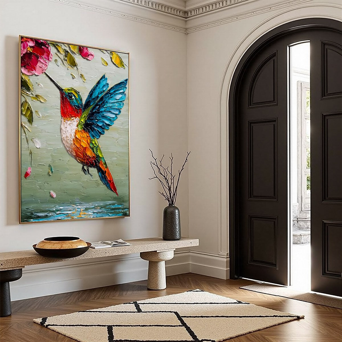 Colorful Floral Impasto Oil Painting – Hummingbird Radiance
