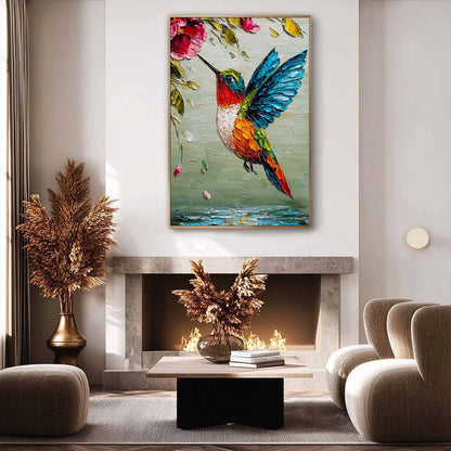 Colorful Floral Impasto Oil Painting – Hummingbird Radiance