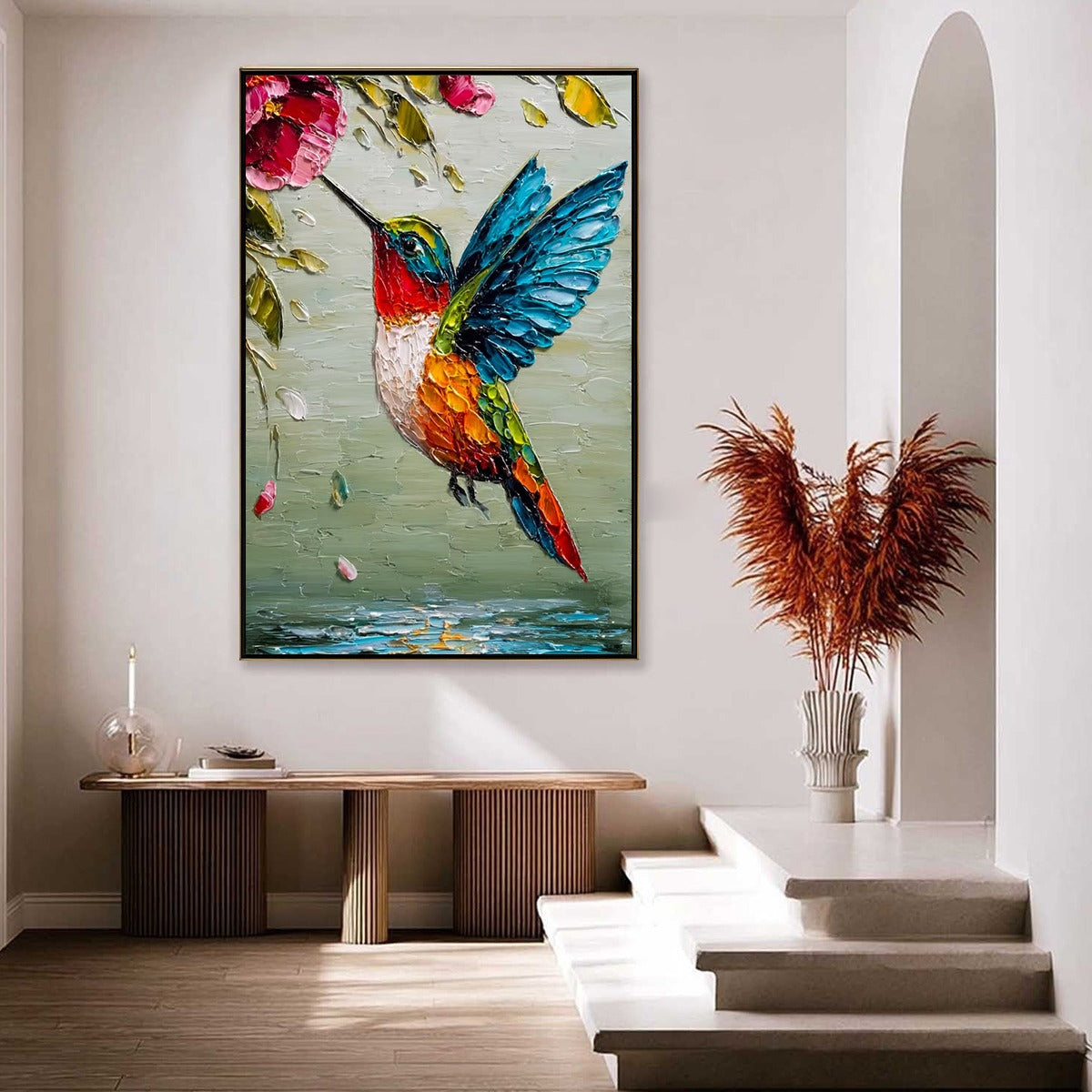 Hummingbird Radiance – Floral Impasto Oil Painting, view 4