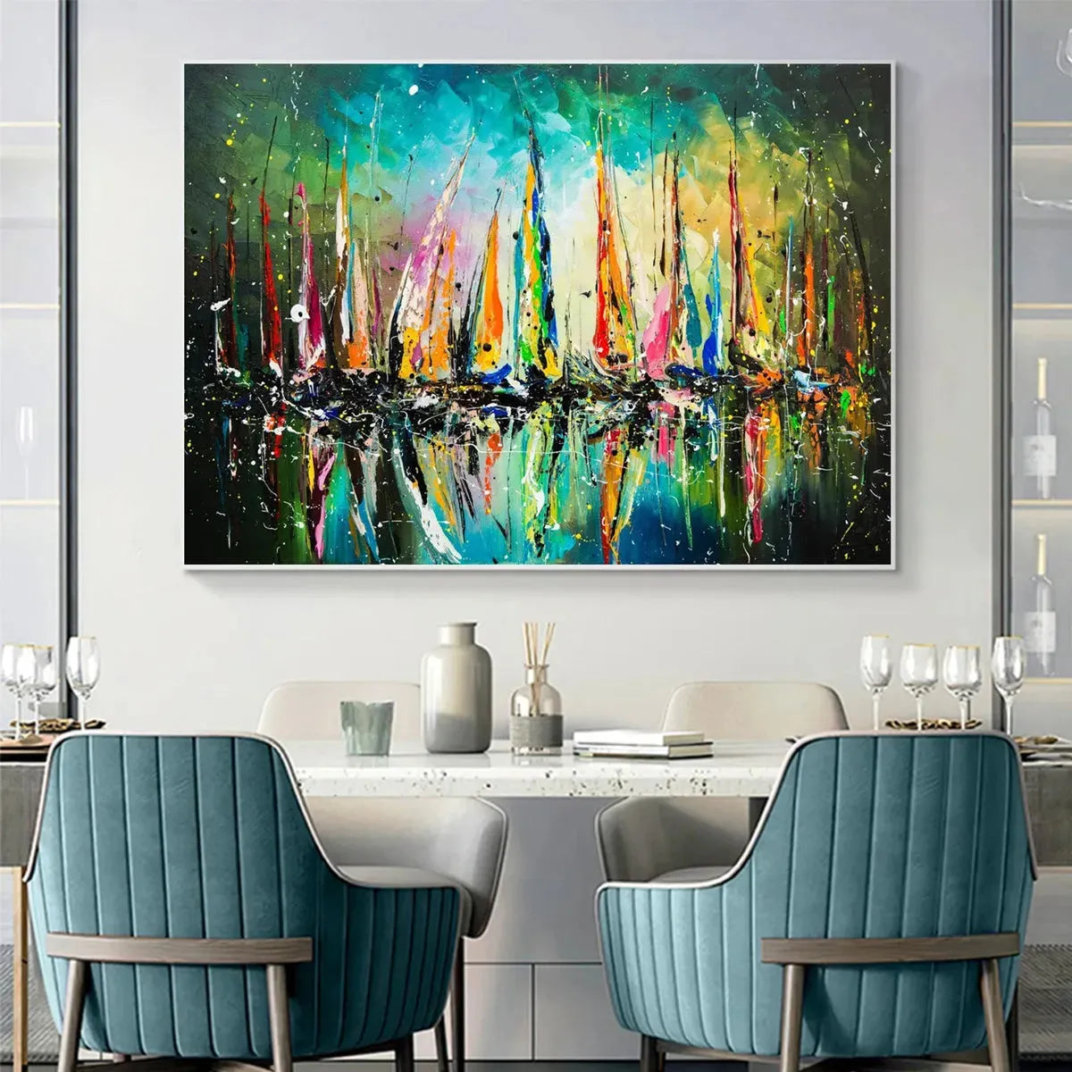 Vivid Regatta hand-painted ocean blue, ivory and soft neutral tones textured sailboat seascape painting shown with wood frame