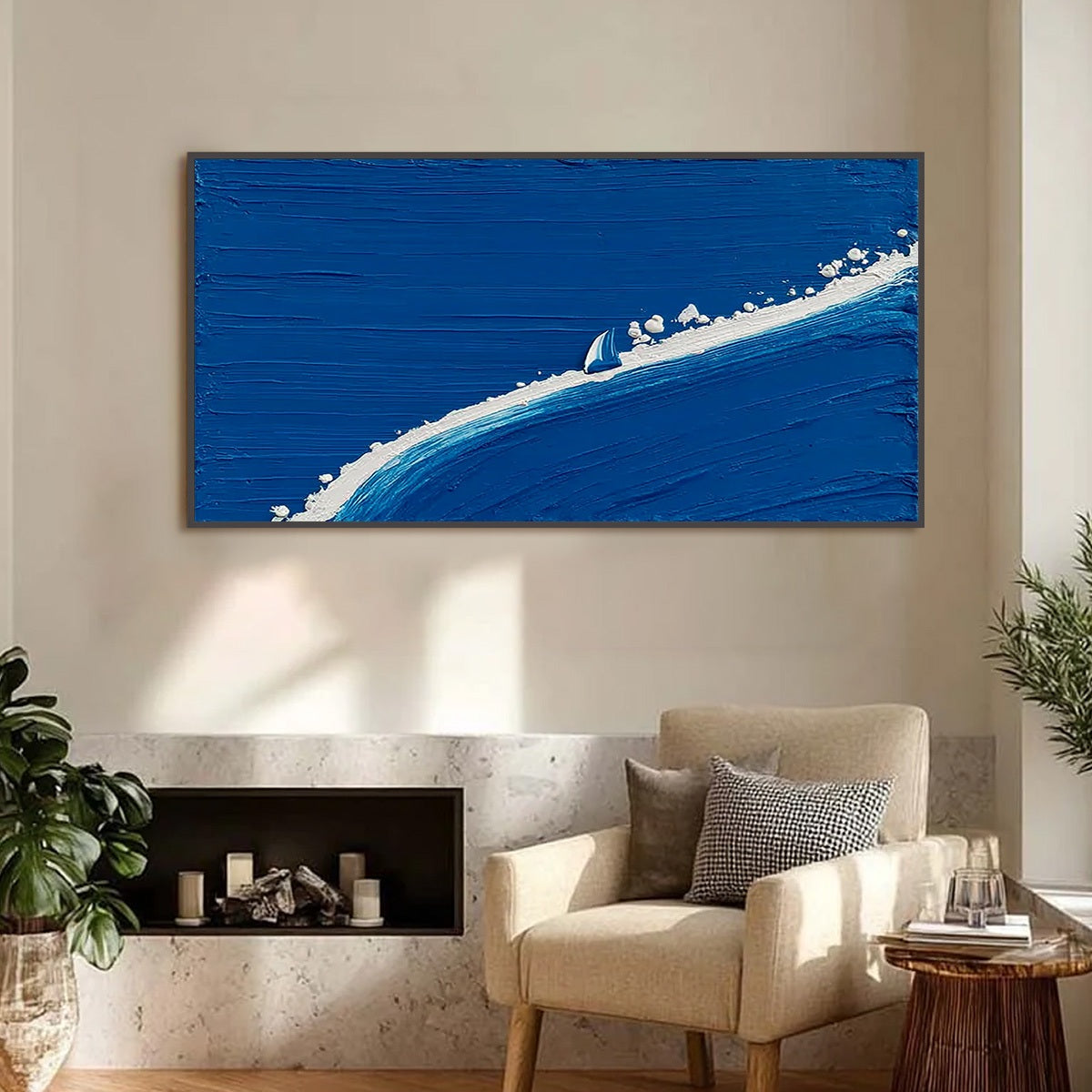 Voyage hand-painted white and ocean blue textured ocean wave painting shown as stretched canvas