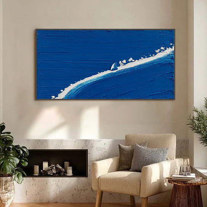 Voyage hand-painted white and ocean blue textured ocean wave painting shown as stretched canvas