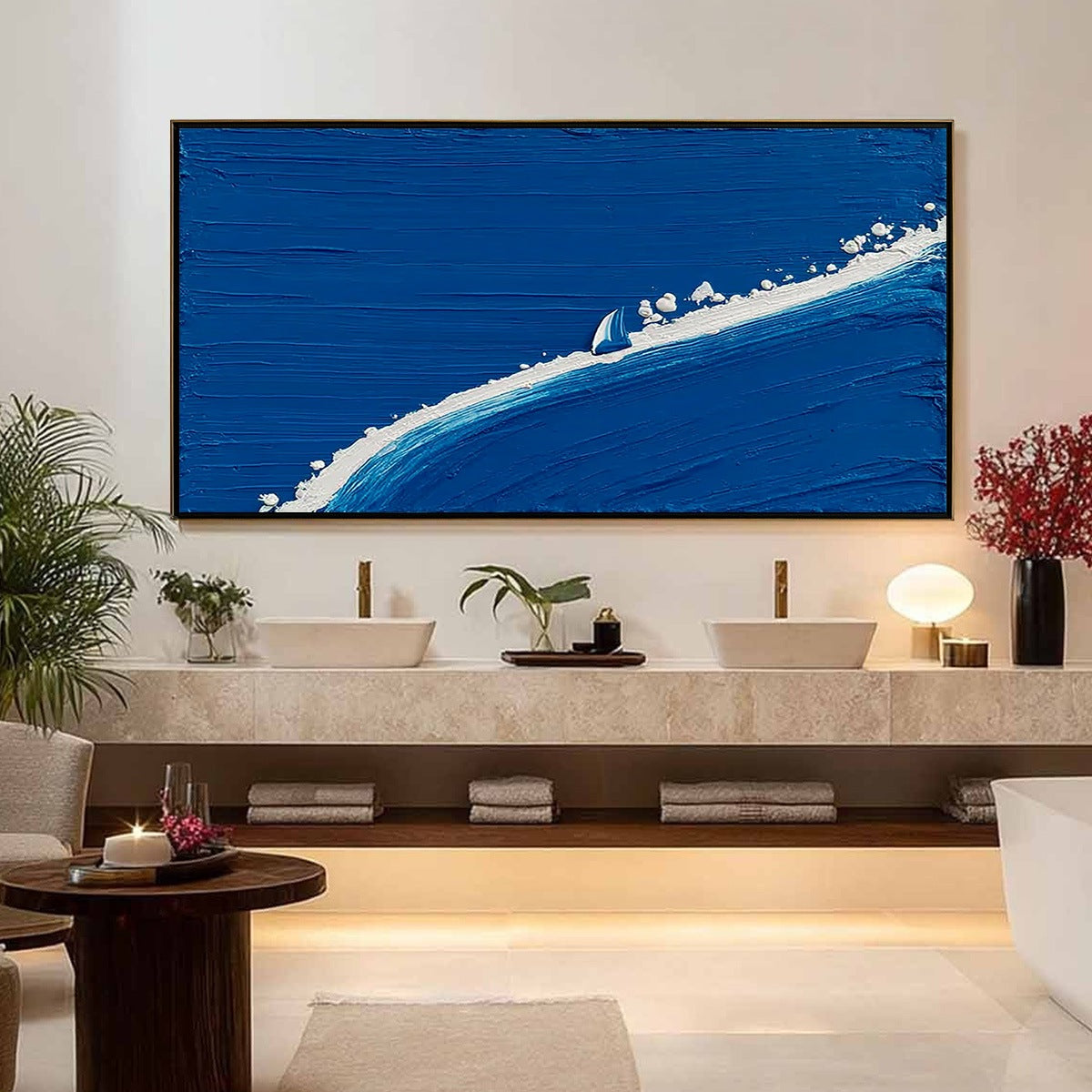 Voyage hand-painted white and ocean blue textured ocean wave painting shown with silver frame