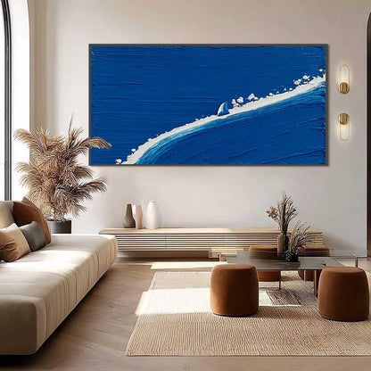 Voyage hand-painted white and ocean blue textured ocean wave painting shown with black frame