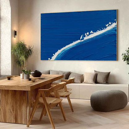 Voyage hand-painted white and ocean blue textured ocean wave painting shown with wood frame