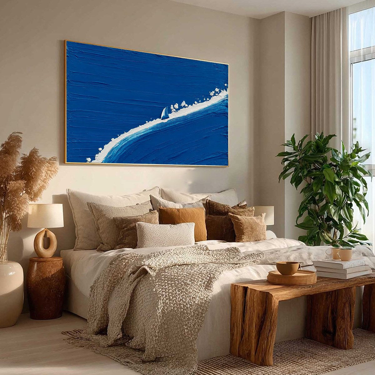 Voyage hand-painted white and ocean blue textured ocean wave painting rolled canvas option