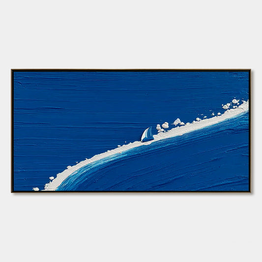 Voyage hand-painted white and ocean blue textured ocean wave painting rolled canvas option