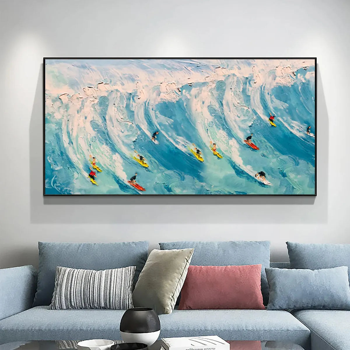 Wave Riders hand-painted white and ocean blue textured surfer ocean painting rolled canvas option