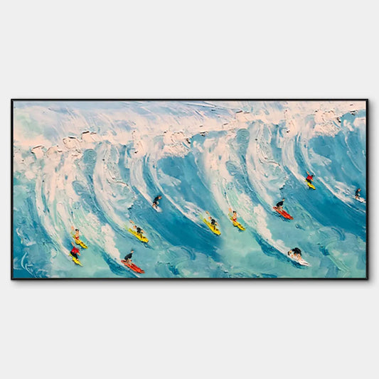 Wave Riders hand-painted white and ocean blue textured surfer ocean painting rolled canvas option