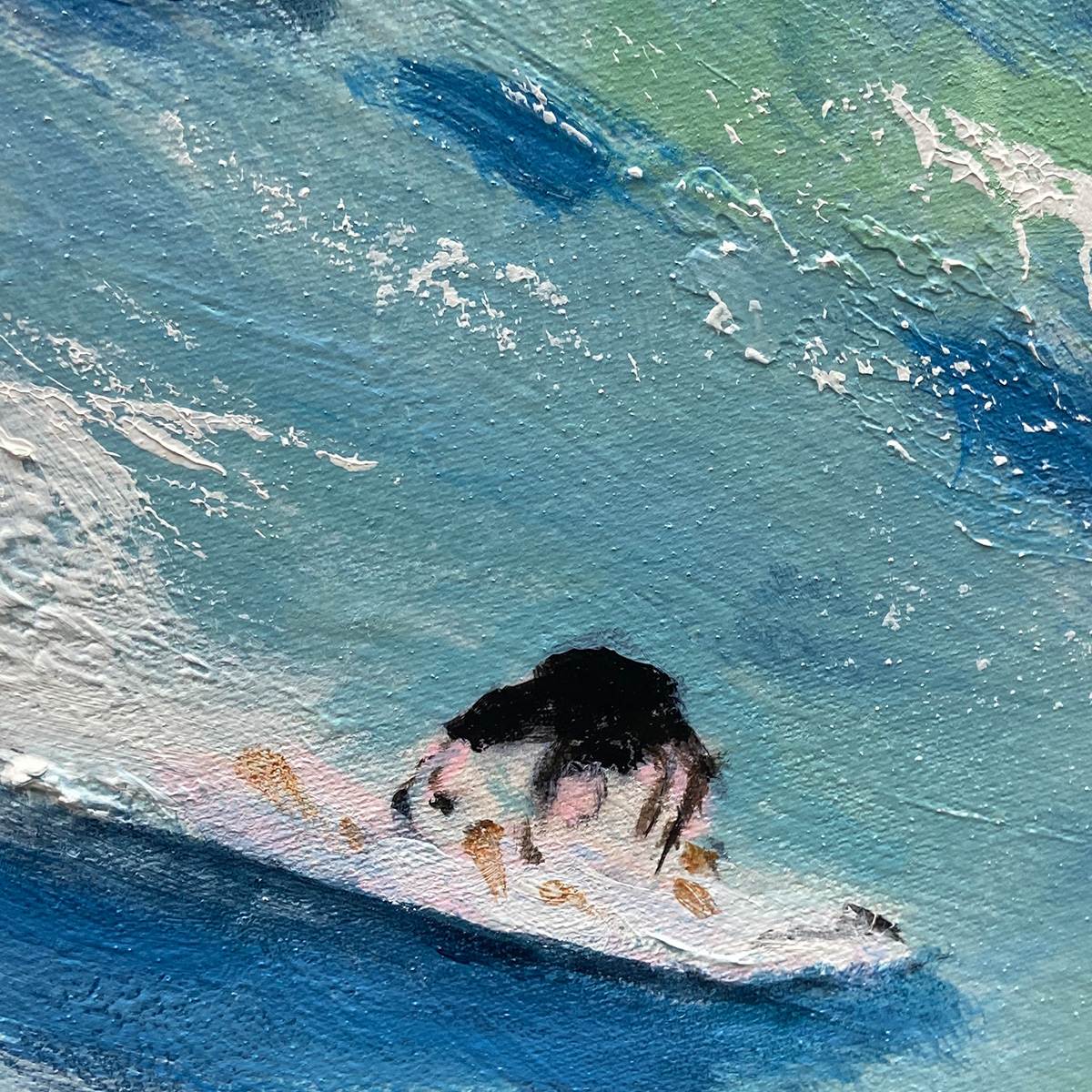 Wave Riders hand-painted white and ocean blue textured surfer ocean painting shown with black frame