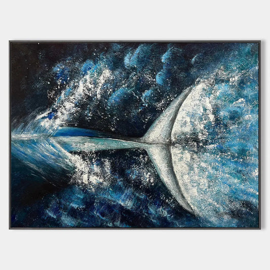 Whale's Grace hand-painted ocean blue and ivory textured whale ocean painting rolled canvas option