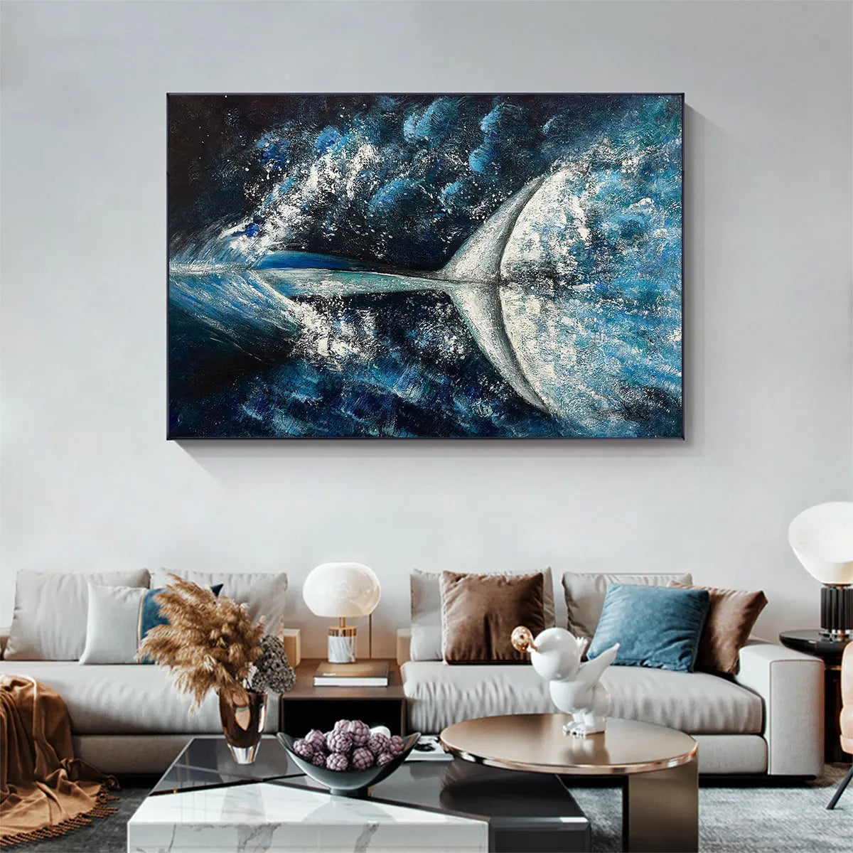 Whale's Grace hand-painted ocean blue and ivory textured whale ocean painting shown as stretched canvas
