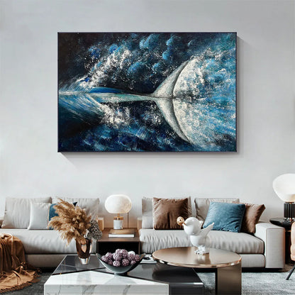 Whale's Grace hand-painted ocean blue and ivory textured whale ocean painting shown as stretched canvas