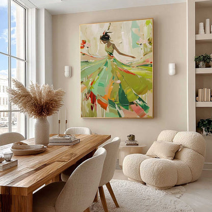 Green Abstract Figurative Dancer Oil Painting – Whirlwind Of Color