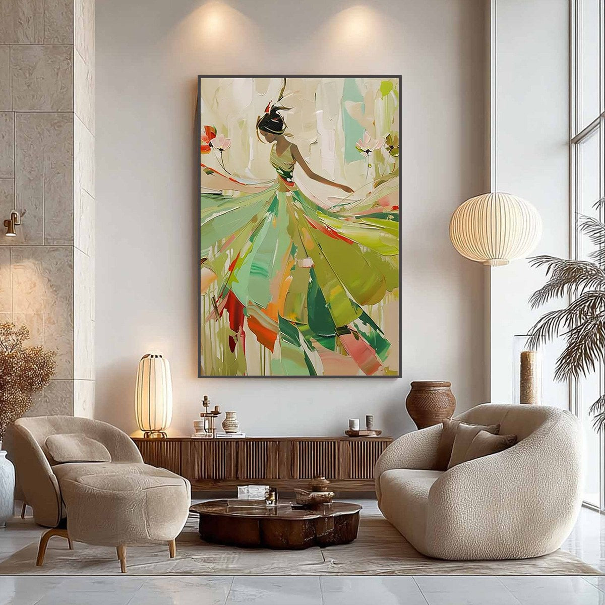 Green Abstract Figurative Dancer Oil Painting – Whirlwind Of Color
