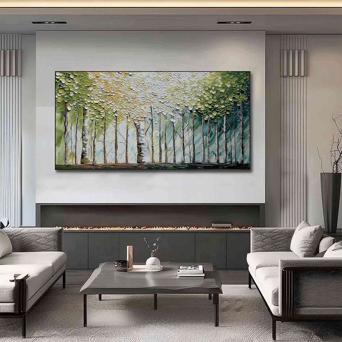 Whispering Grove hand-painted forest green, soft grey and warm earth tones textured forest landscape painting shown with black frame