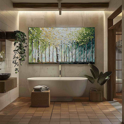 Whispering Grove hand-painted forest green, soft grey and warm earth tones textured forest landscape painting shown with silver frame