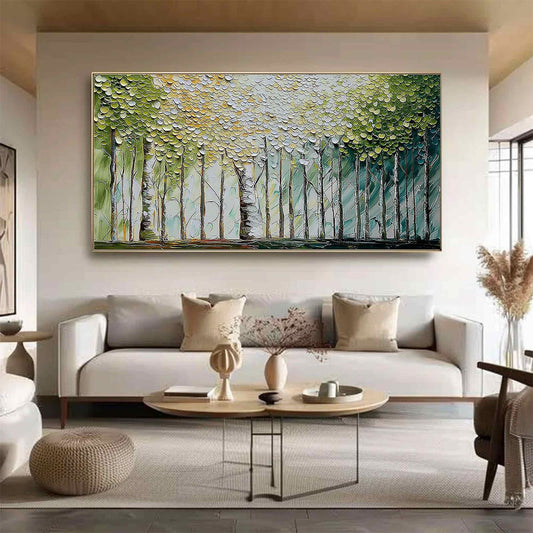 Whispering Grove hand-painted forest green, soft grey and warm earth tones textured forest landscape painting shown as stretched canvas