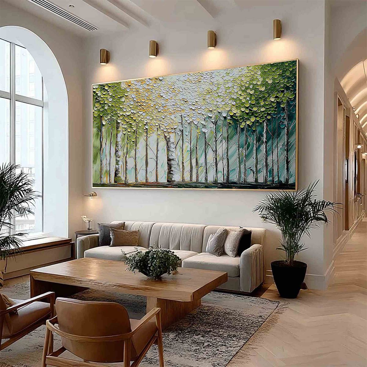 Whispering Grove hand-painted forest green, soft grey and warm earth tones textured forest landscape painting shown with wood frame