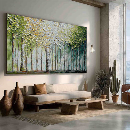 Whispering Grove hand-painted forest green, soft grey and warm earth tones textured forest landscape painting rolled canvas option