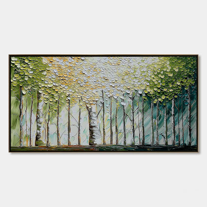 Whispering Grove hand-painted forest green, soft grey and warm earth tones textured forest landscape painting rolled canvas option